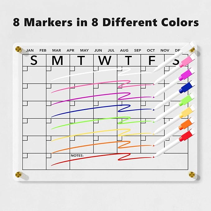 Wall Calendar (Not Magnetic), Clear Acrylic Monthly Planner White Board Dry Erase Whiteboard, w/ 8 Colors Markers, 15"x11"