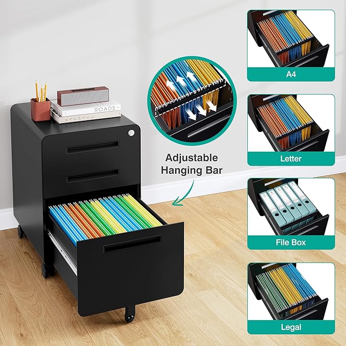 SISESOL 3 Drawer File Cabinet with Lock,Rolling File Cabinets,Under Desk File Cabinet,Three Drawer Filing Cabinet for Home Office with Wheels,Fit A4/Letter/Legal File,Fully Assembled Except Casters