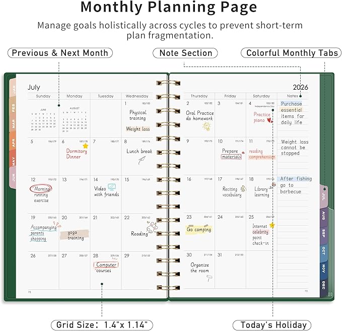 RETTACY 2026 Planner, Weekly and Monthly, Medium Size (5.7" x 8.3"), Jan - Dec 2026, Agenda, Calendar, 12 Month Tabs, Flexible Plastic Cover, 100 GSM Thick Paper, Spiral-bound (Dark Green)