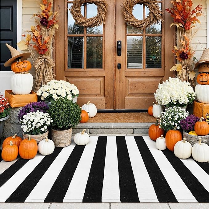 Collive Black and White Outdoor Rug 3'x 5', Hand Woven Washable Striped Outdoor Christmas Rug, Farmhouse Front Porch Rug Decor, Welcome Layered Door Mats for Front Door Entryway Patio Kitchen
