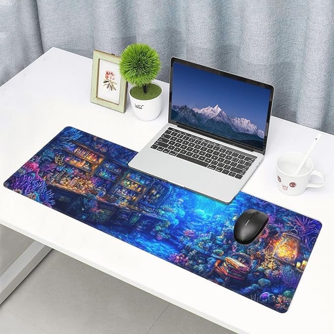 Magical Sea Mouse Pad 31.5 X 11.8 Inch Big Desk Rubber Base Stitched Edges Keyboard Pad XXL Mouse Mat for Home Game and Office