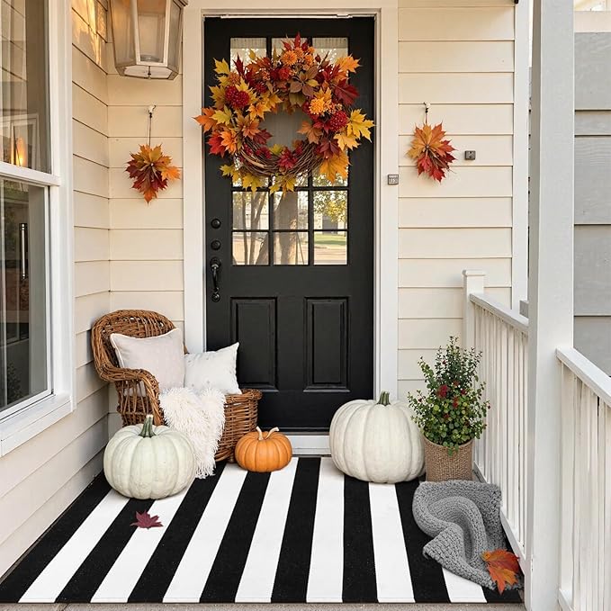 Collive Black and White Outdoor Rug 3'x 5', Hand Woven Washable Striped Outdoor Christmas Rug, Farmhouse Front Porch Rug Decor, Welcome Layered Door Mats for Front Door Entryway Patio Kitchen