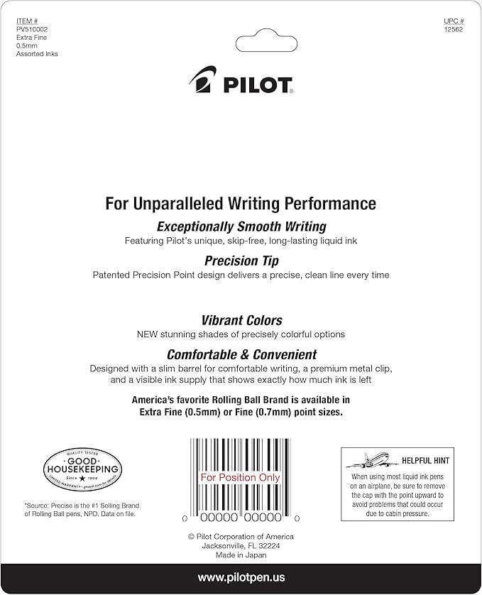 Pilot, Precise V5, Capped Liquid Ink Rolling Ball Pens, Extra Fine Point 0.5 mm, Assorted Colors, Pack of 10