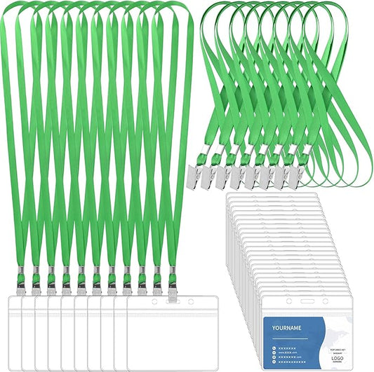 100 Pcs Lanyards for ID Badges and 100 Pcs Clear Name Tag Holders Reusable Lanyard with Clip Plastic ID Card Badge Holder Name Badges for Adults Kids Business School Office Supplies (Green)