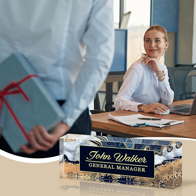 Ship Next Day Personalized Name Plate for Desk, Custom Acrylic Desk Name Sign, Office Appreciation Gifts for Women Men Coworkers Boss Teacher Employee (Navy Coast)