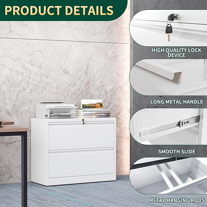 2 Drawer Lateral File Cabinet with Lock, Metal File Cabinets for Home Office, Steel Heavy-Duty Filing Storage Cabinet for Letters/Legal/A4 (Require Assembly, White)