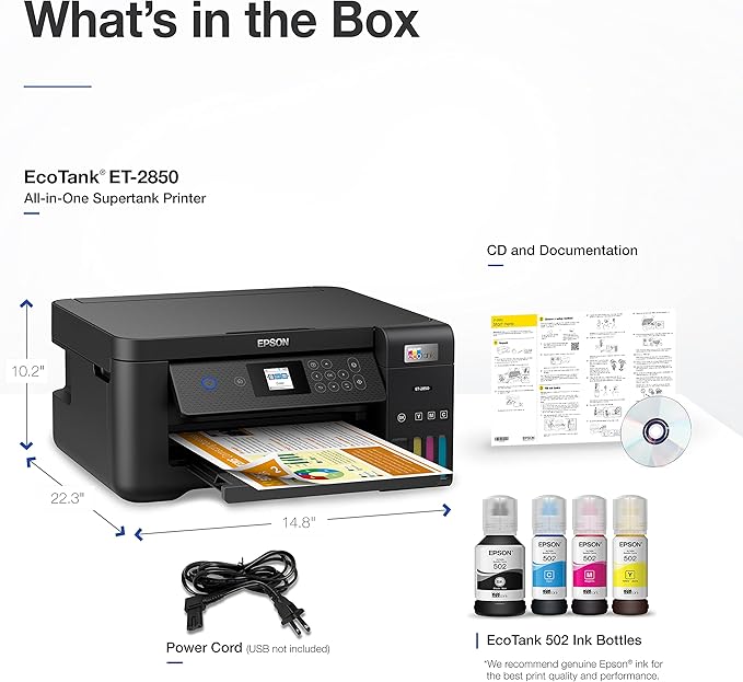 Epson EcoTank ET-2850 Wireless Color All-in-One Cartridge-Free Supertank Printer with Scan, Copy and Auto 2-Sided Printing - Black, Medium