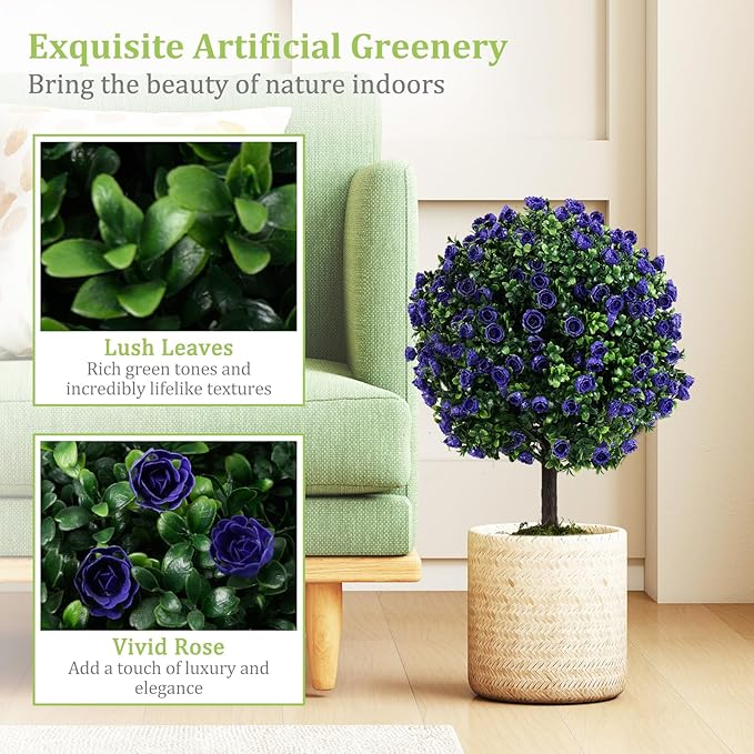 Goplus 22'' Artificial Purple Rose Topiary Ball Tree, Set of 2 Faux Potted Plants Artificial Shrubs Bushes with Flowers, Fake Evergreen Boxwood Topiary for Indoor Outdoor Home Front Porch Decor