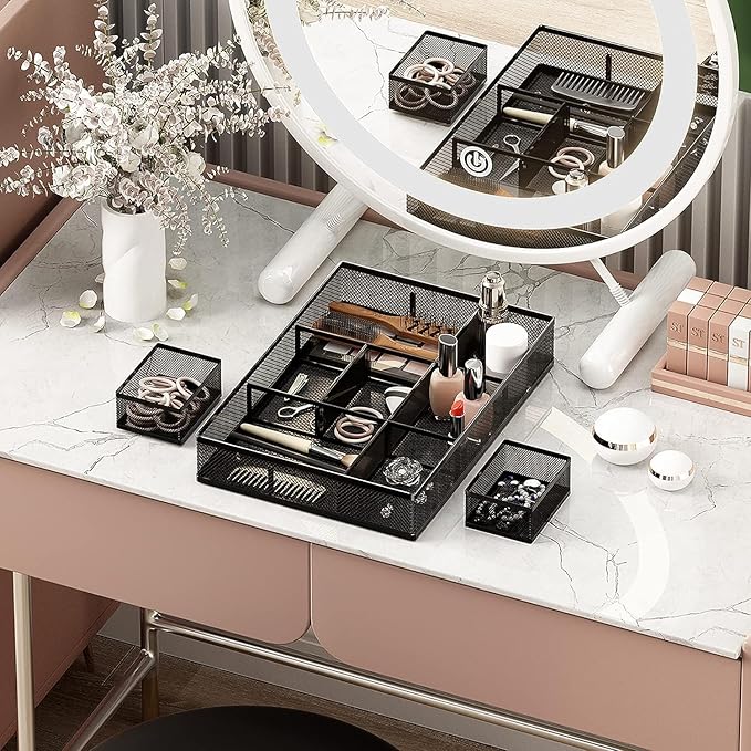 Marbrasse 3 Pack Desk Drawer Organizers with 9 Adjustable Compartments for Makeup, Office Supplies & Accessories (Black)