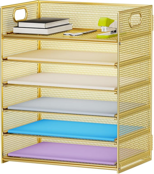 Marbrasse Paper Letter Tray Organizer - 6 Tier Mesh File Organizer with Handle, Paper Sorter Organizer for Letter/A4 Office File Folder Holder - Gold
