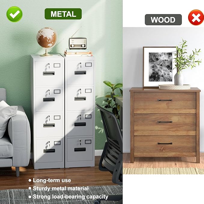 Aobabo 4 Drawer File Cabinet, Metal Filing Cabinet with Lock, Suitable for Home Office School Hanging Files Letter/Legal/A4 Size,White,Required-Assembly,17.72" D x 14.96" W x 55.2" H