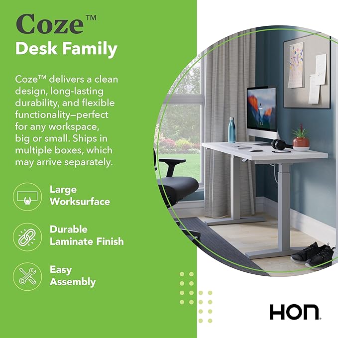 HON Coze Electric Standing Desk Adjustable Height, Coordinate Height Adjustable Desk, 48", White Top, Silver Base