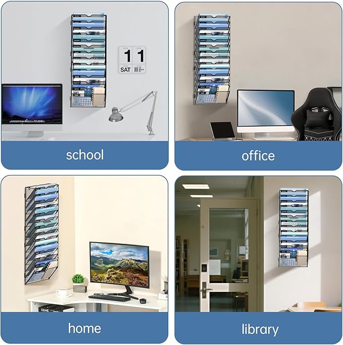 14 Tier Wall Hanging File Organizer, Paper Folder Holder Wall Mounted, Metal Mail Sorter for Office Home School, Black 2 Pack