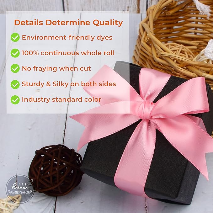 Ribbli Double Faced Pink Satin Ribbon,1” x Continuous 25 Yards,Use for Bows Bouquet,Gift Wrapping,Baby Shower,Floral Arrangement