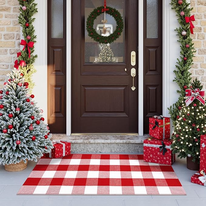 Christmas Front Door Mat 24"x51", Red/White Buffalo Plaid Outdoor Rug Runner, Cotton Hand Woven Washable Front Door Rug, Reversible Layered Rugs for Entryway Porch Decor Home Entrance