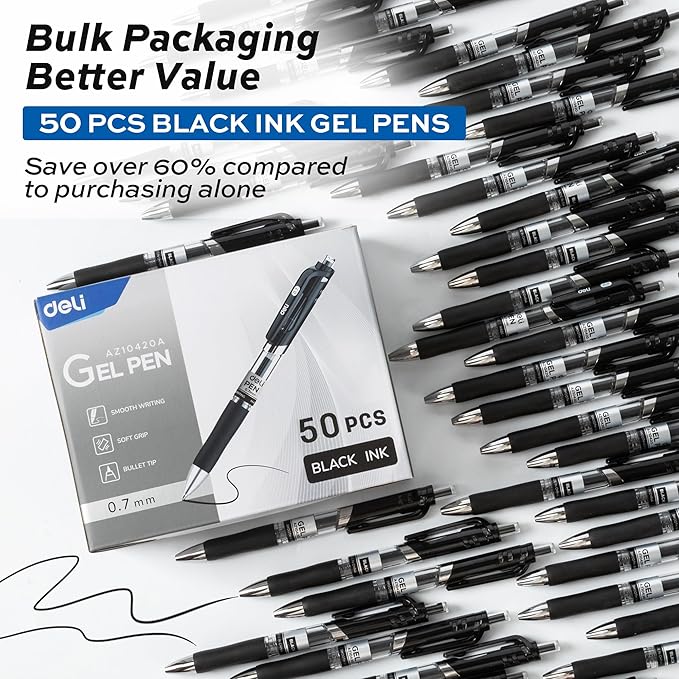 deli Gel Pens, 50 Pcs Retractable Pens Black Ink, Medium Point Pen 0.7mm, Smooth Writing, Fast Dry, No Bleed for Journaling Note Taking, Home School Office Supplies