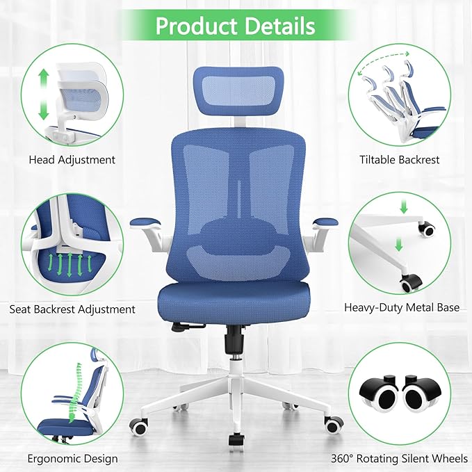 Home Office Chair,Ergonomic Big and Tall Office Desk Chair with Flip-up Arms/Headrest/Adjustable Lumbar Support/Tilt Function/450 lbs Heavy Duty Office Chair-Mesh （Blue）