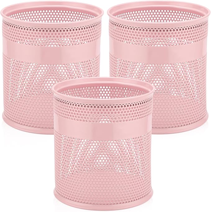 Segarty Pen Cup Holder for Desk, 3 Pack Pink Pencil Holder, 3.9 x 4.2 inch Large Metal Mesh Pen Container Set Desktop Accessories Organizer for Office Supply, School Classroom, Makeup Brush