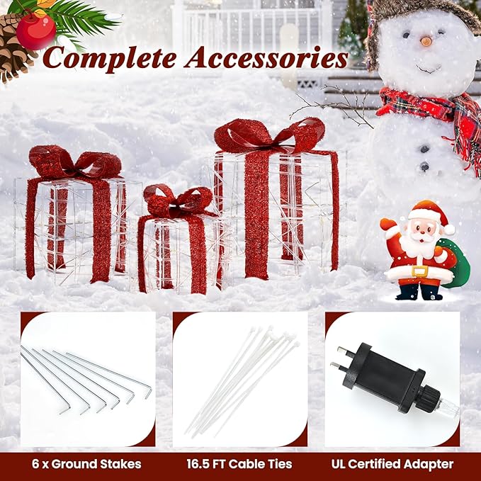 Tangkula Set of 3 Christmas Lighted Gift Boxes, Christmas Box Decorations with 60 LED Lights, Small Medium and Large Presents Boxes with Waterproof Plug, Suitable for Indoor and Outdoor