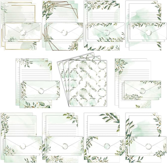TaoBary 160 Pcs Stationery Paper Set 50 Double Sided Stationery Papers with 50 Matching Envelopes and 60 Round Dot Sticker, 10 Design(Green Leaves,8.5 x 11 Inch)