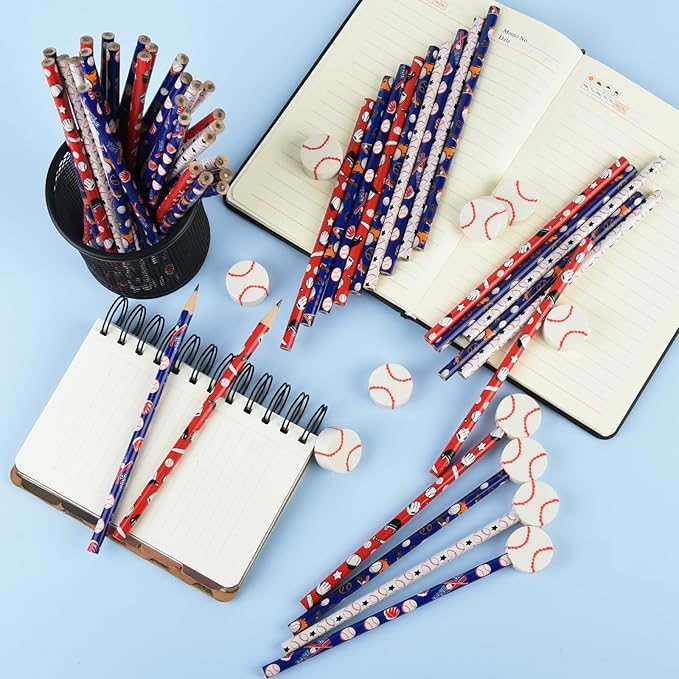 48 Pcs Baseball Pencils and Erasers Assortment Stationery Pencils for school Supplies