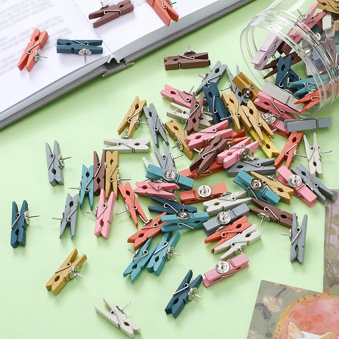 200 Pcs Push Pin with Wooden Clips Tacks Boho Classroom Decor for Cork Board Bulletin Board Colorful Thumb Tacks Wooden Clips for Teachers School Office Home Supplies Accessories