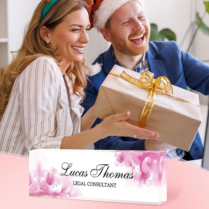 Custom Name Plate for Desk, Personalized Acrylic Office Name Sign with Name & Title, Elegant Desk Decor for Women Men, Employee Appreciation Gift (Pink-1)