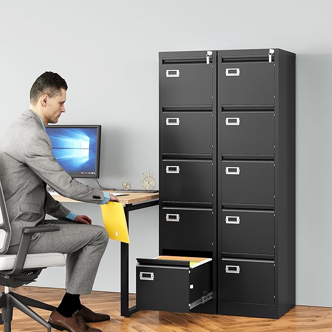 SISESOL 5 Drawer File Cabinet with Lock,15" Narrow Vertical File Cabinet Five drawer,Tall Office Filing Cabinets,Black Metal Filing Cabinets for Home Office,Fit A4,Legal,Letter Size,-Assembly Required