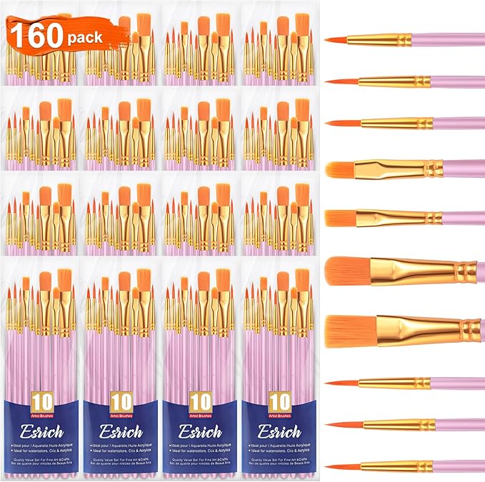 ESRICH Acrylic Paint Brushes Set, 16 Packs/160 Pcs, Pink, Suitable for Acrylic, Oil, Watercolor,Rock Body Face Nail Art,Perfect Suit of Art Painting, Best Gift for Kids Adult Drawing