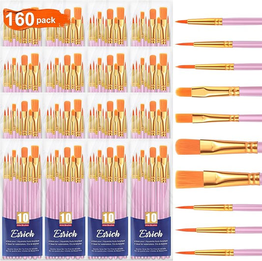 ESRICH Acrylic Paint Brushes Set, 16 Packs/160 Pcs, Pink, Suitable for Acrylic, Oil, Watercolor,Rock Body Face Nail Art,Perfect Suit of Art Painting, Best Gift for Kids Adult Drawing