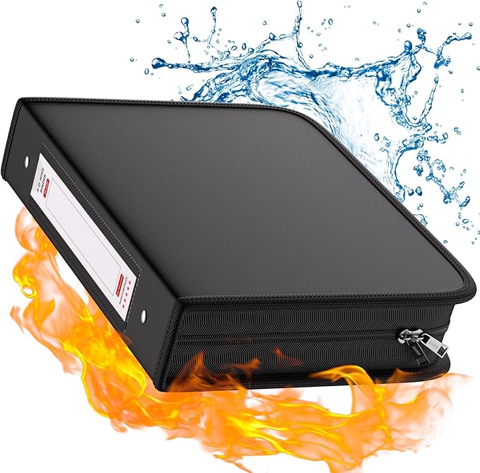 Fireproof 3 Ring Binder with Zipper, 2 Inch D Rings Hold up 450 Sheets of 8.5" x 11" (A4), Compatible with Clear Page Protectors, Built-in net and Pen Holder (1 Pcs, Black, 2")