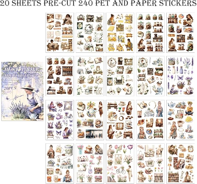 Scrapbook Reading Stickers 20 Sheets 240 Pre-Cut Washi Stickers for Journaling PET Transparent Book Sticker Decorative or DIY Paper Crafts, Arts and Crafting Projects
