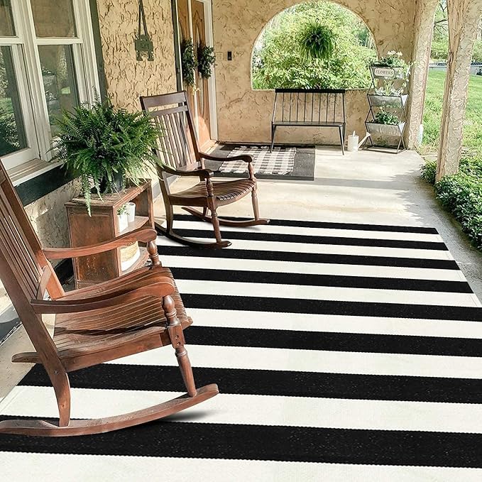 Collive Black and White Christmas Rug Outdoor 4'x 6', Washable Striped Outdoor Indoor Rug, Farmhouse Cotton Woven Layered Door Mat, Front Porch Decor Door Mat for Patio Living Room Kitchen
