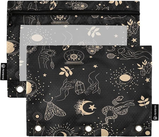 ZAZYXTJ Personalized Bohemia Boho Binder Pencil Pouchs 3 Ring with Zipper Clear Window Office Organizers bag for School Students Teacher Supplies 2 Pack