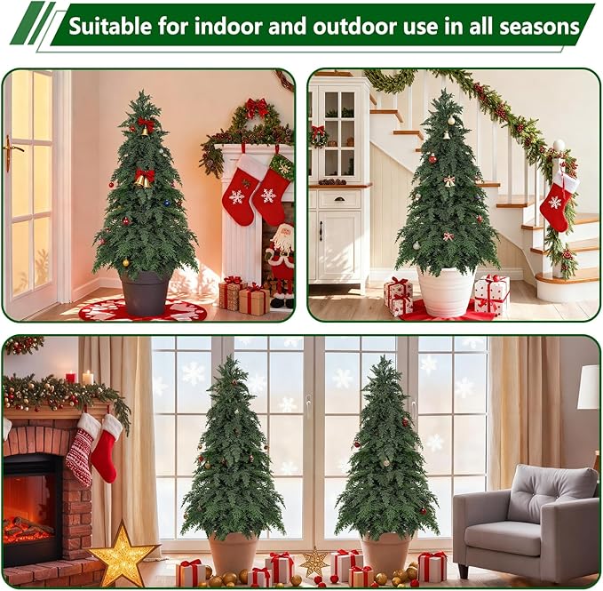 4FT Artificial Topiary Tree with Pot, 2 Pack Fake Evergreen Tree for Porch, Artificial Plants for Outdoor Christmas Home Garden Decor