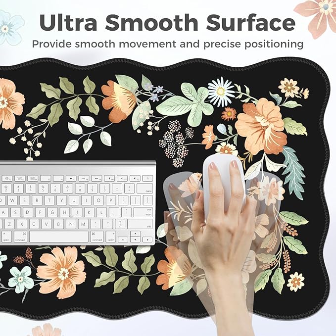 Scalloped Desk Cover Mat, Aesthetic Mousepad with Wrist Rest, Memory Foam Wrist Support for Keyboard, Ultra Smooth Mouse Pad for Office Desk Decor, School Supplies (Black)