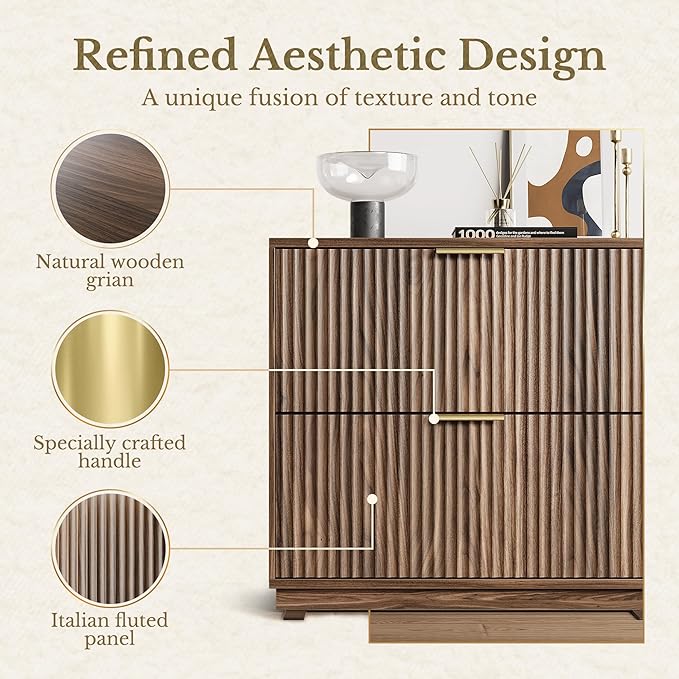 2 Drawer Fluted File Cabinet, 32'' Lateral File Cabinet for Legal/Letter/A4/F4 Size Hanging Files, Wood File Storage for Home Office, Black Walnut