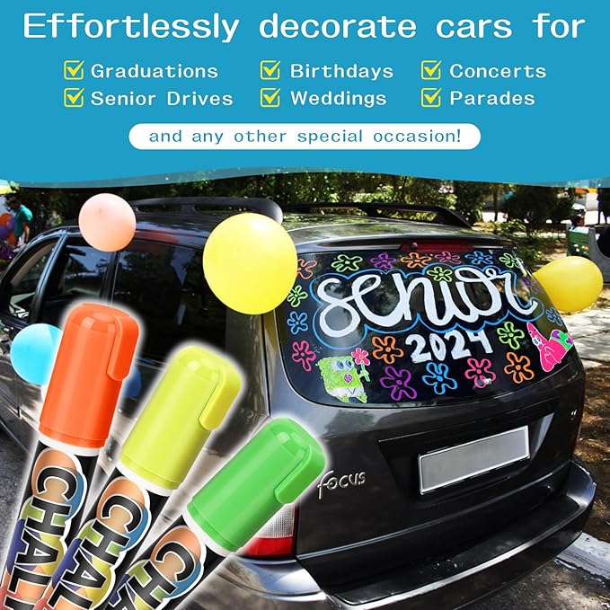 Car Window Markers for Glass Washable –10mm Liquid Chalk Car Paint Pen Wet Erasable, 8 Neon Chalk Markers for Big Chalkboard, Blackboard, Bistro, Glass, Mirrors, Auto Windshield