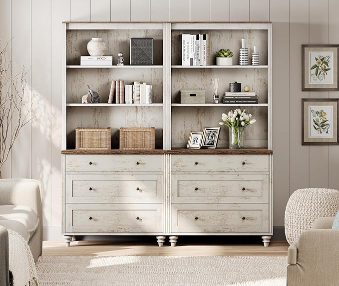 WAMPAT 3 Tier Bookshelf with 3 Drawers, 72" Tall Bookcase Large Farmhouse Display Book Case Shelf with 3-Tier Open Book Shelfs，Library Wood Bookshelves for Living Room,Kitchen, Rustic White (2PCS)