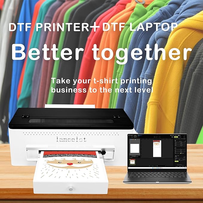 Lancelot A3 L1800 DTF Printer,T Shirt Maker Machine with Roll Feeder,DTF Laptop,White Ink Circulation,Fabric Transfer Printing Machine for Small Business(Printer+Software+Computer+Consumables)