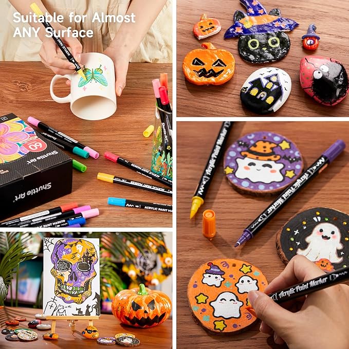 Shuttle Art 60 Colors Dual Tip Acrylic Paint Markers, Brush Tip and Fine Tip Acrylic Paint Pens for Rock Painting, Ceramic, Wood, Canvas, Plastic, Glass, Stone, Calligraphy, Card Making, DIY Crafts