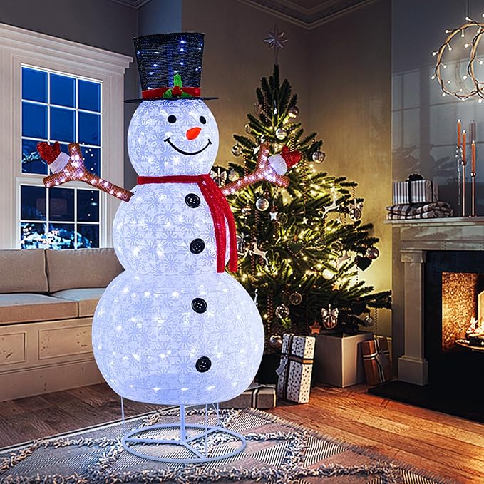 Tangkula 6 FT Pre-Lit Christmas Snowman w/Built-in Lights, Xmas Snowman w/Black Hat, Branch Hands & Snowflake Patterns, Zip Ties & Ground Stakes, Decorative Christmas Snowman for Yard, Garden