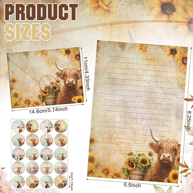 TaoBary 160 Pcs Stationery Paper Set 50 Double Sided Stationery Papers with 50 Matching Envelopes and 60 Round Dot Sticker, 10 Design(Floral Highland Cow,5.5 x 8.25 Inch)