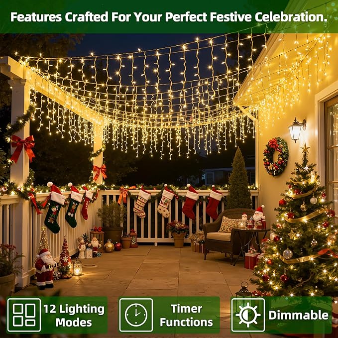 1332 LED Christmas Lights with 296 Drops,132ft 12 Modes Hanging ice String Lights with Timer & Dimmable & Waterproof, Plug-in Fairy Lights for Tree Holiday Wedding Party Christmas Decor Warm White