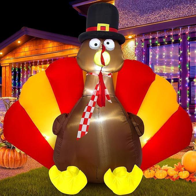 Sizonjoy Inflatable Turkey Decorations,6 Ft Thanksgiving Inflatables Outdoor Decorations with Built-in LED Lights & Fan Outdoor Thanksgiving Decor