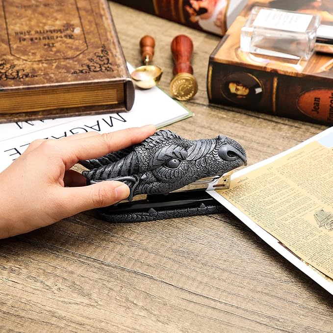 Pajean Dragon Stapler with 2000 Staples, Dragon Head Stapler Novelty Stapler Funny Carving Resin Faucet Stapler for Office Desk Stationery Desktop Accessory Home Decor(Grey)