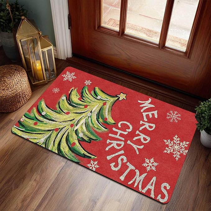 InterestPrint Christmas Doormat Outdoor Entrance Non-Slip Rug Front Porch Rugs, Christmas Tree Snowflakes Welcome Mat Front Door Rug Outdoor Funny Door Mat, 18" x 30"Inch