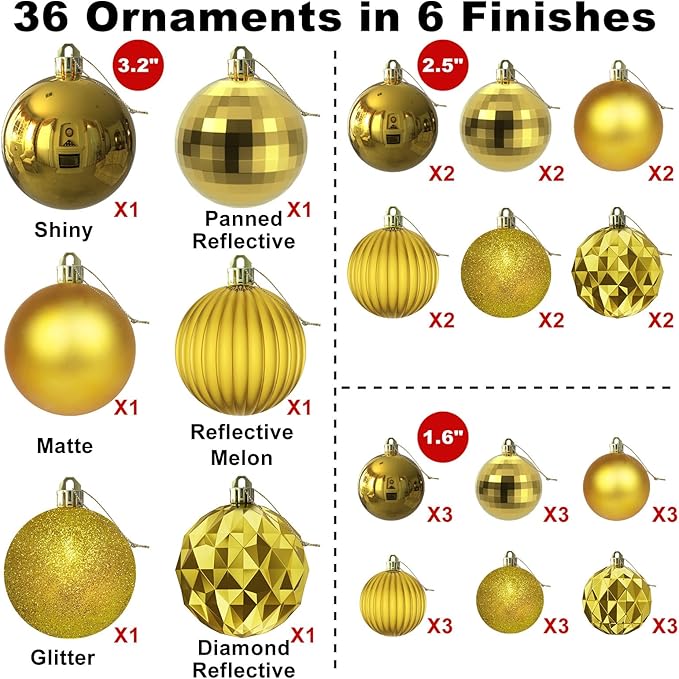 Gold Christmas Ornaments - Christmas Tree Decorations Shatterproof Hanging Balls for Birthday Wedding Holiday Decor Set of 36pcs, Multi-Sizes(1.6",2.5",3.2")