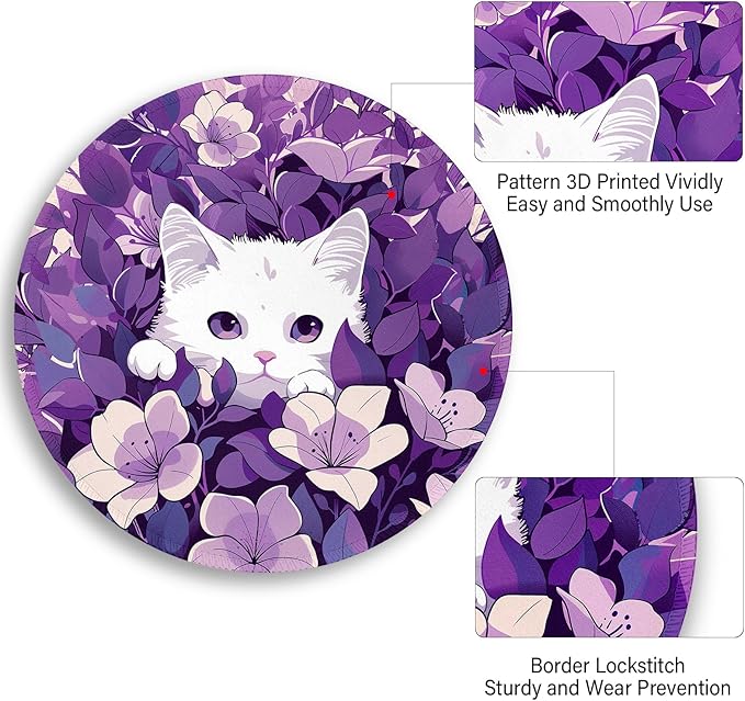 White Cat Purple Floral Mouse Pad, Small Round Mouse Pads for Desk, Kawaii Cute Mini Travel Mousepad for Wireless Computer Laptop, Office Desk Accessories, 8.6 x 8.6 inch