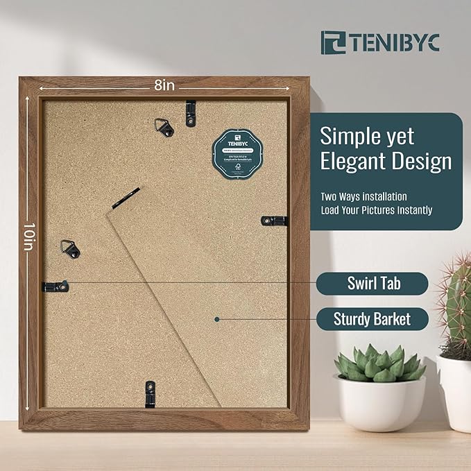 8x10 Picture Frame Set of 4, Brown Wood Grain, HD Tempered Glass, Natural Walnut Photo Frame, Table or Wall Display